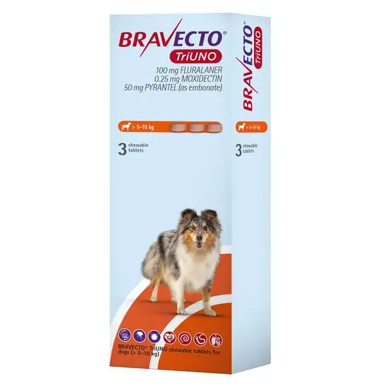 Bravecto TriUno packaging for dogs 5-10kg with a dog illustration on a white background