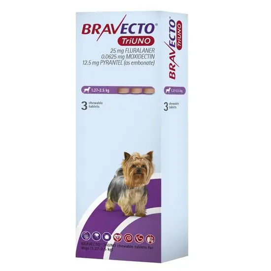Bravecto Triuno packaging for small dogs 1.27-2.5kg with a dog illustration on a white background