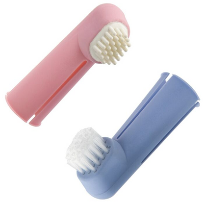 Two pet toothbrushes with pink and blue handles on a white background