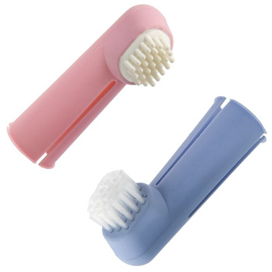 Two pet toothbrushes with pink and blue handles on a white background