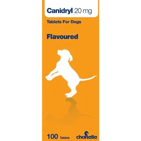 Canidryl 20 mg tablets for dogs packaging with orange background and white dog silhouette.