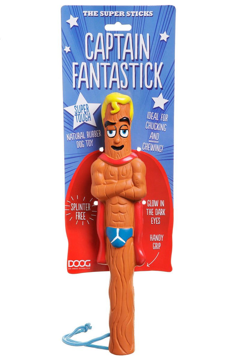 Captain Fantastick dog toy with packaging featuring a superhero design.
