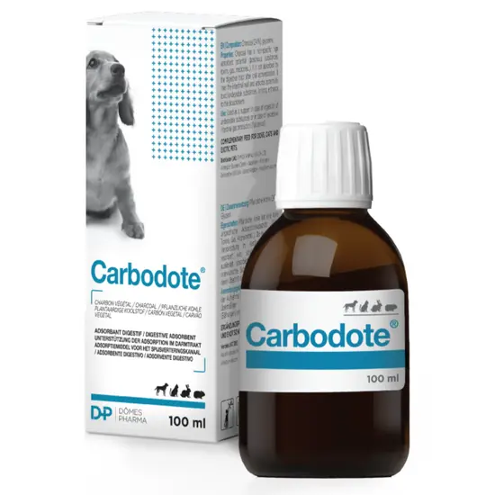 Carbodote bottle and packaging with a dog illustration on a white background
