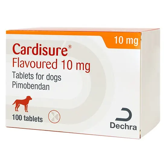 Cardisure Flavoured 10 mg tablets for dogs packaging with Dechra logo.