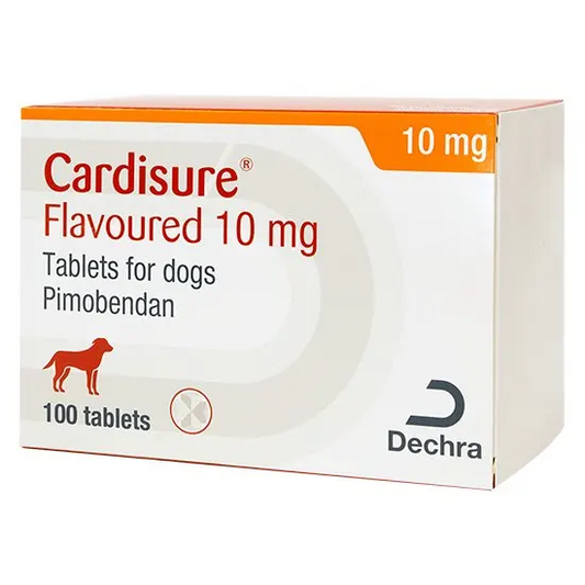 Cardisure Flavoured 10 mg tablets for dogs packaging with Dechra logo.