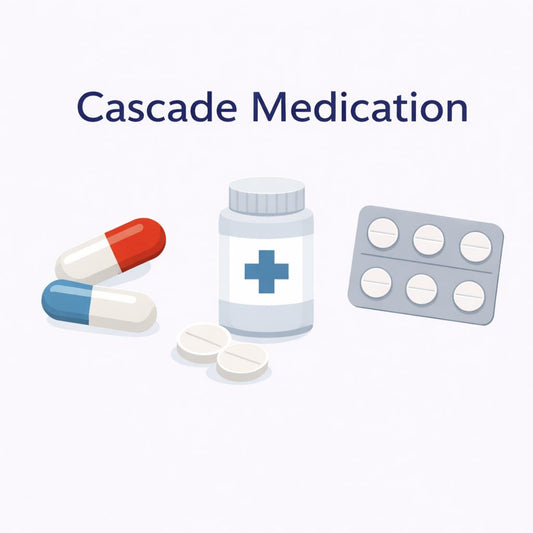 Medication-related items including a bottle, capsules, and tablets on a white background with 'Cascade Medication' text.