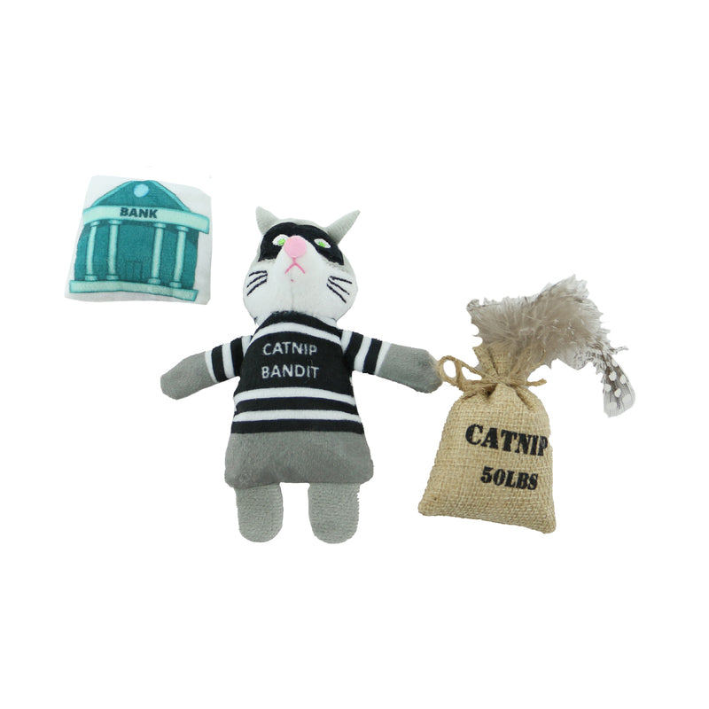 Cat-themed toy with 'Catnip Bandit' outfit and bag on a white background