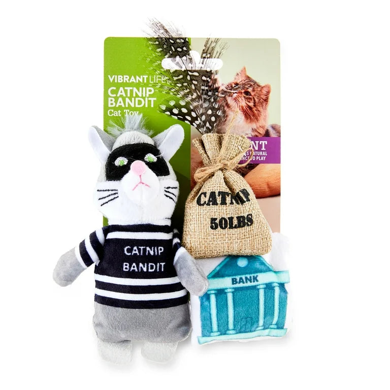 Cat toy with 'Catnip Bandit' packaging featuring a cat-themed bank and catnip bag.