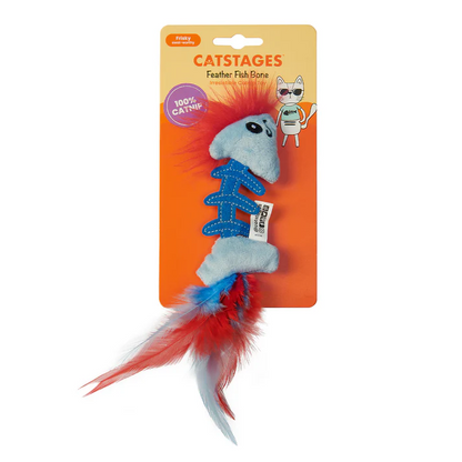 Cat toy with feathers on a 'Catstages' branded card