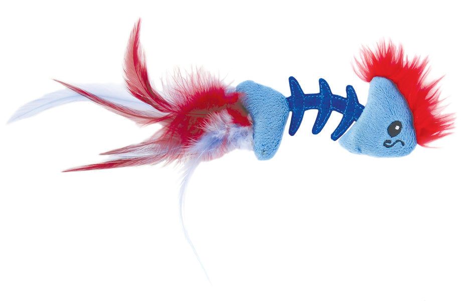 Blue fish skeleton toy with red and white feathers on a white background