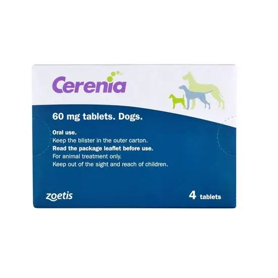 Cerenia 60mg medication packaging for dogs with blue and white design