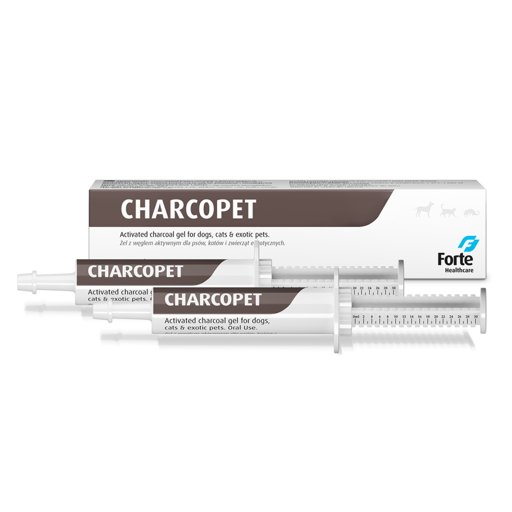 Two syringes of CHARCOPET activated charcoal gel for pets with a Forte Healthcare label on a white background.