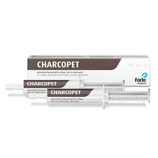 Two syringes of CHARCOPET activated charcoal gel for pets with a Forte Healthcare label on a white background.