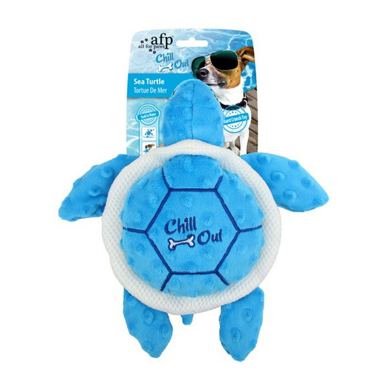 Blue turtle-shaped dog toy with 'Chill Out' text on a white background