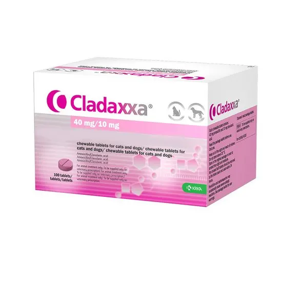 Cladaxxa 40mg/10mg packaging for chewable tablets for cats and dogs on a white background