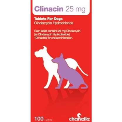 Red packaging of Clinacin 25 mg tablets for dogs with dog illustrations and Chanelle branding.