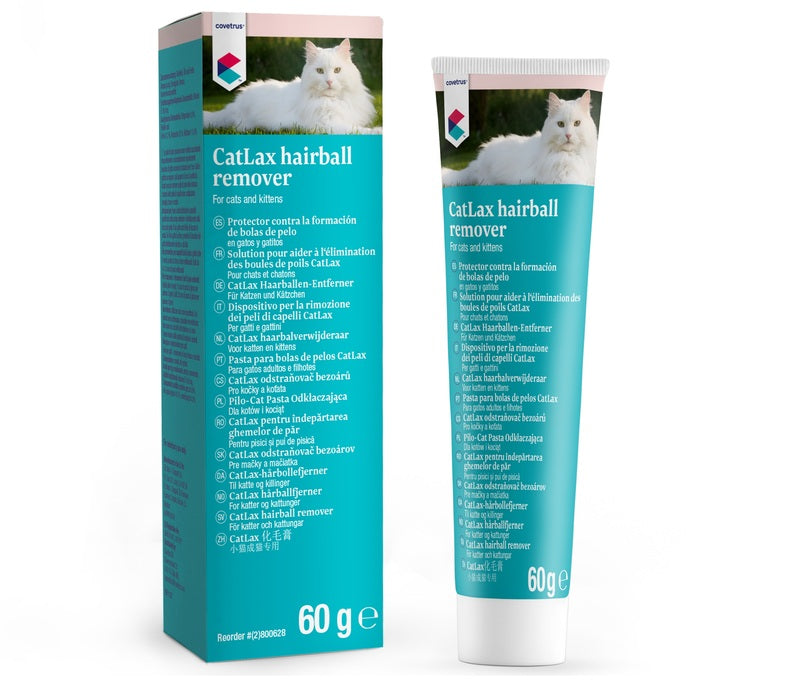 CatLax hairball remover packaging with a tube and box on a white background