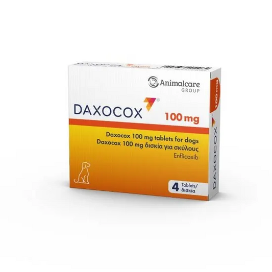 Box of Daxocox 100 mg tablets for dogs by Animalcare Group on a white background