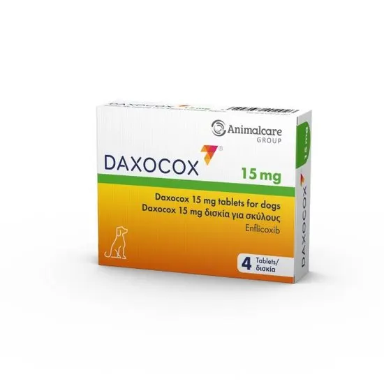 Box of Daxocox 15 mg tablets for dogs by Animalcare on a white background