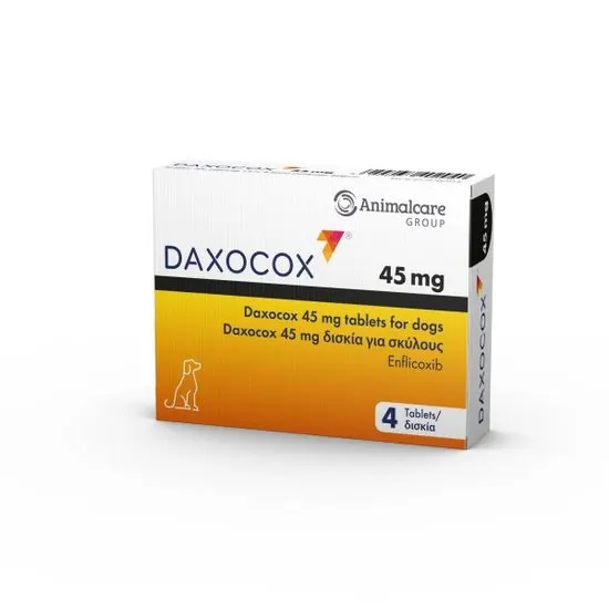 Box of Daxocox 45 mg tablets for dogs by Animalcare on a white background