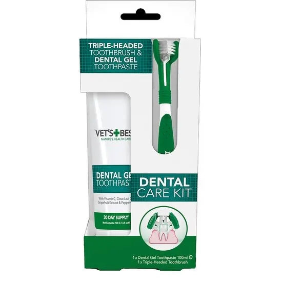 Vets Best dental care kit packaging with toothbrush and toothpaste on a white background