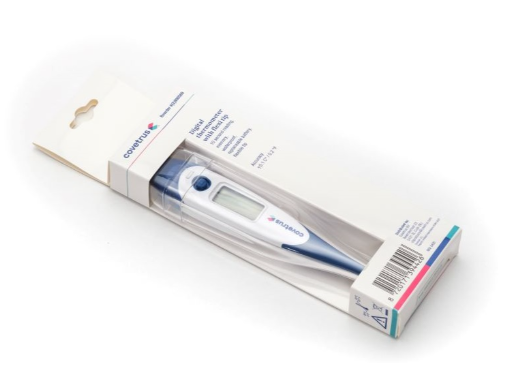 Digital thermometer in its packaging on a white background