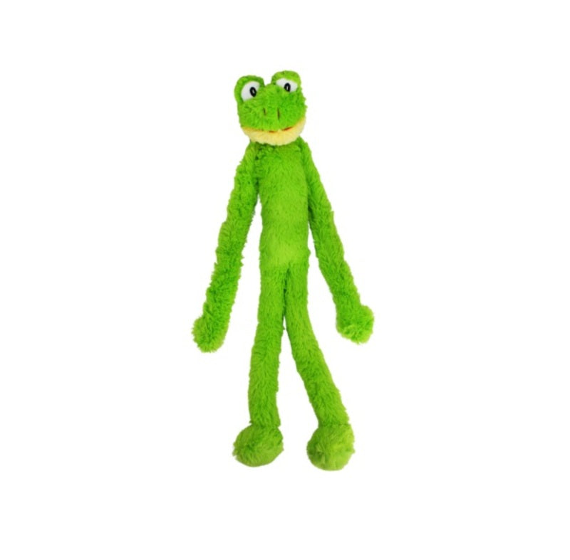 Green plush dog toy on a white background