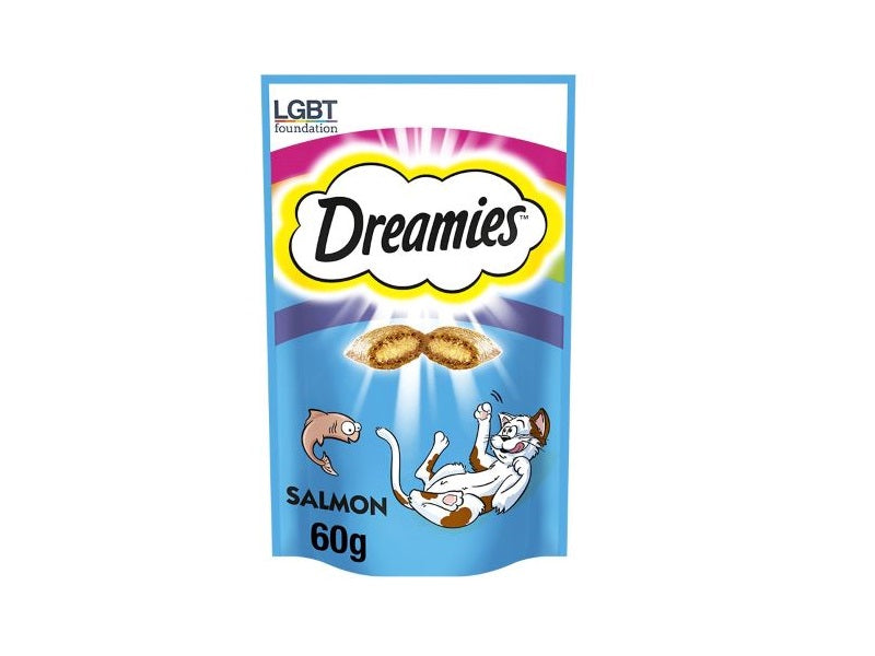 Dreamies cat food packet with LGBT Foundation branding on a white background