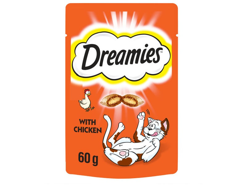 Dreamies cat food packet with a cartoon cat and chicken illustration on an orange background