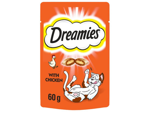Dreamies cat food packet with a cartoon cat and chicken illustration on an orange background