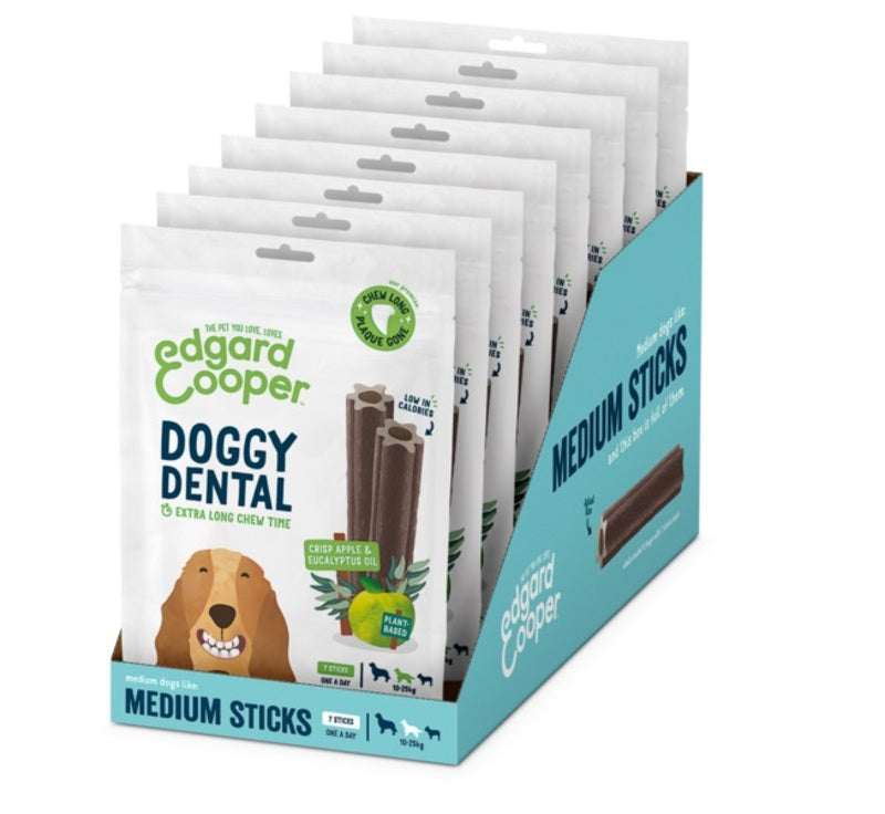Packaging of edgard & cooper doggy dental medium sticks on a white background