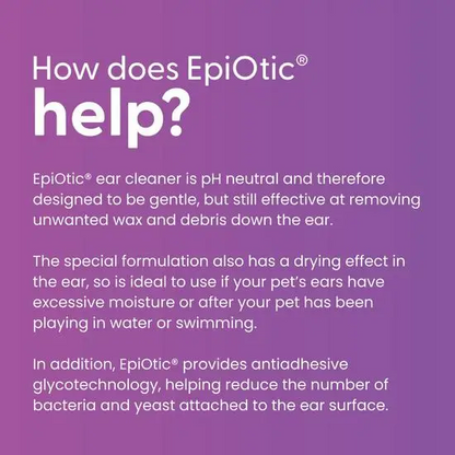 Purple background with white text explaining EpiOtic ear cleaner on a purple background