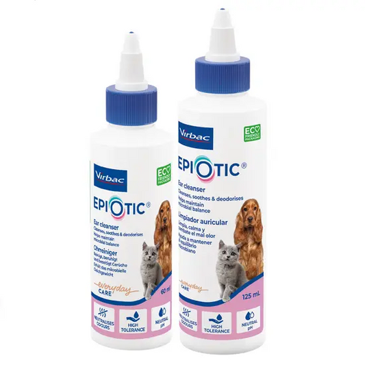 Two bottles of Epiotic ear cleaner for pets on a white background