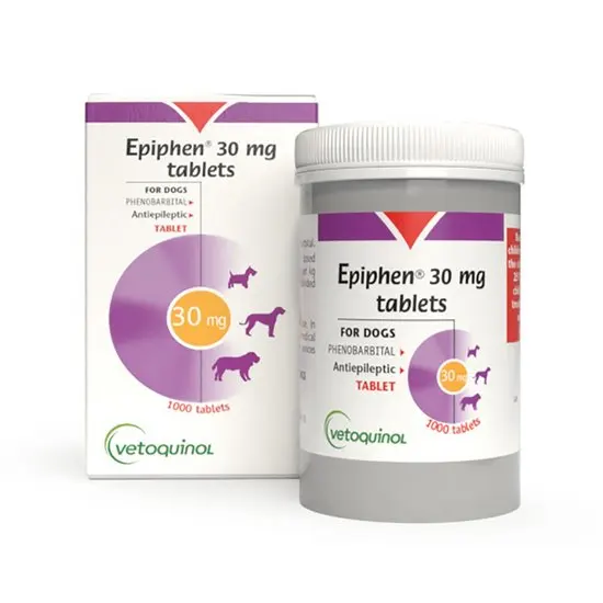 Epiphen 30 mg tablets packaging for dogs by Vetoquinol on a white background