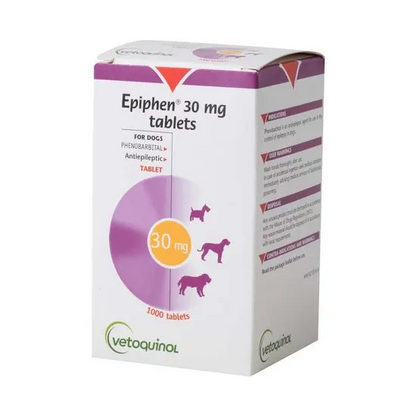 Box of Epiphen 30 mg tablets for dogs by Vetoquinol on a white background