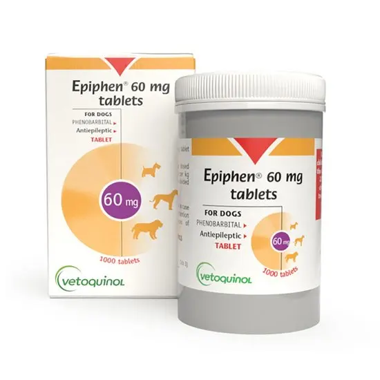 Epiphen 60 mg tablets packaging for dogs by Vetoquinol on a white background