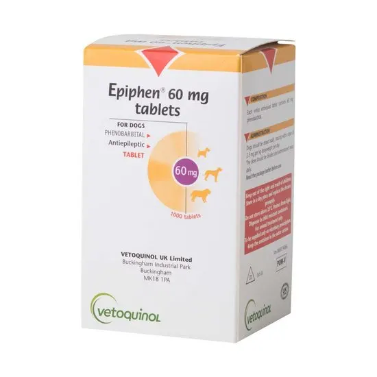 Box of Epiphen 60 mg tablets for dogs by Vetoquinol on a white background