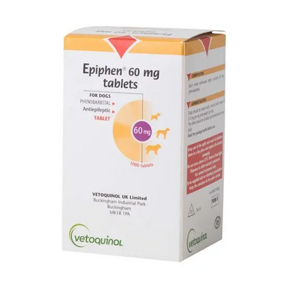 Box of Epiphen 60 mg tablets for dogs by Vetoquinol on a white background
