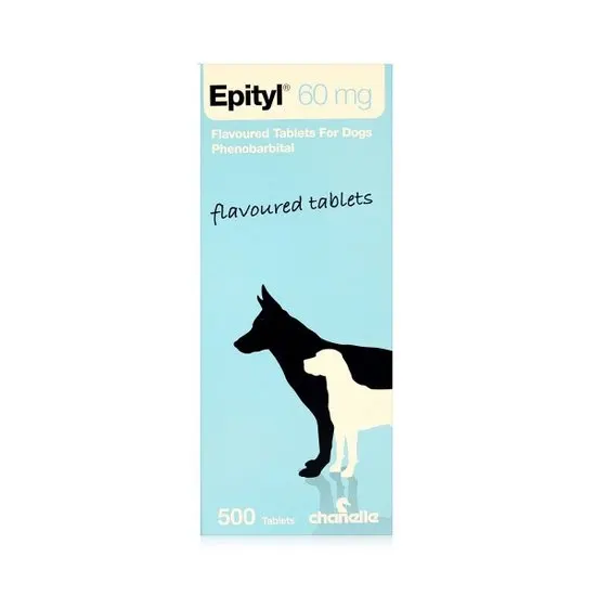 Box of Epityl 60 mg flavoured tablets for dogs on a white background