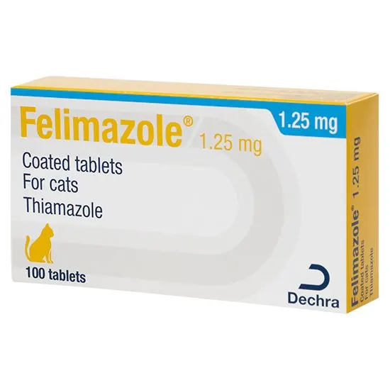 Box of Felimazole 1.25mg coated tablets for cats with Dechra logo