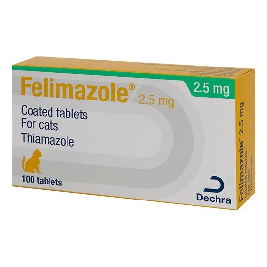 Box of Felimazole 2.5mg coated tablets for cats with Dechra logo