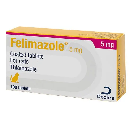 Box of Felimazole 5 mg coated tablets for cats by Dechra on a white background