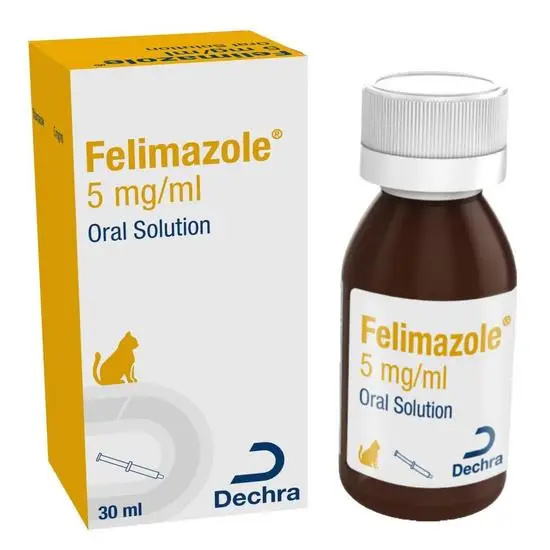 Felimazole 5 mg/ml Oral Solution packaging and bottle with Dechra logo on a white background