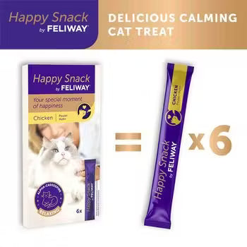 Happy Snack by Feliway cat treat packaging with a cat on it, displayed against a white background.