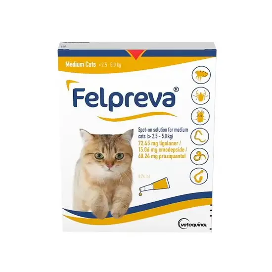 Felpreva packaging for medium cats 2.5-5kg with a cat illustration on a white background