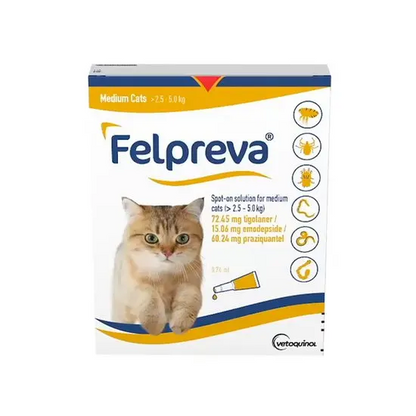 Felpreva packaging for medium cats 2.5-5kg with a cat illustration on a white background