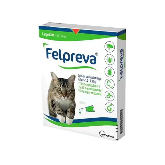 Felpreva packaging for large cats 5-8kg with a cat illustration on a white background