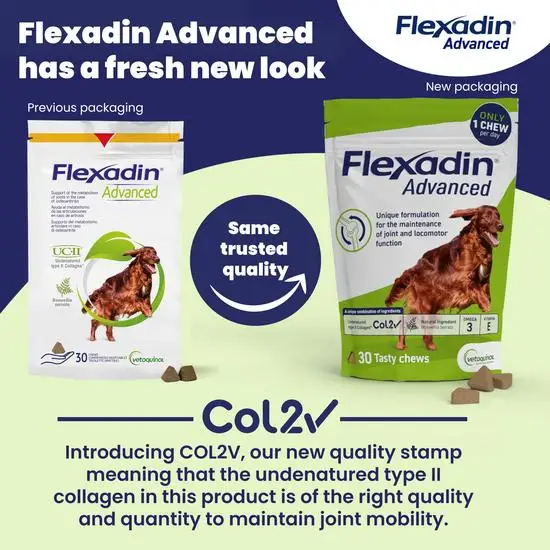 Comparison of Flexadin Advanced packaging with previous design on a green and blue background
