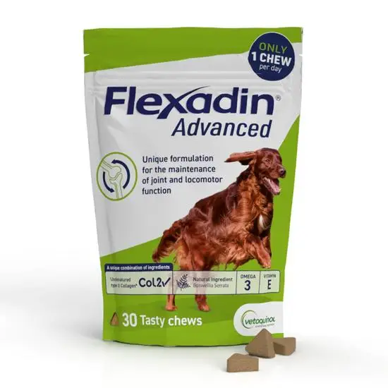 Flexadin Advanced dog chew packaging with a brown dog illustration on a white background