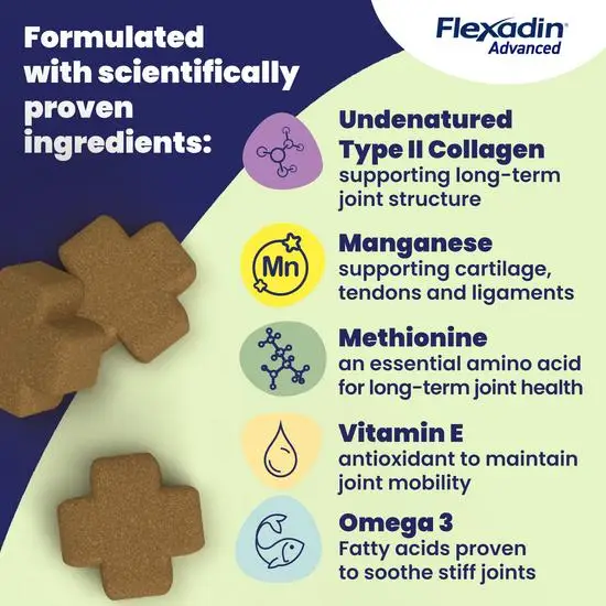 Flexadin Advanced supplement packaging with ingredients listed on a blue and green background